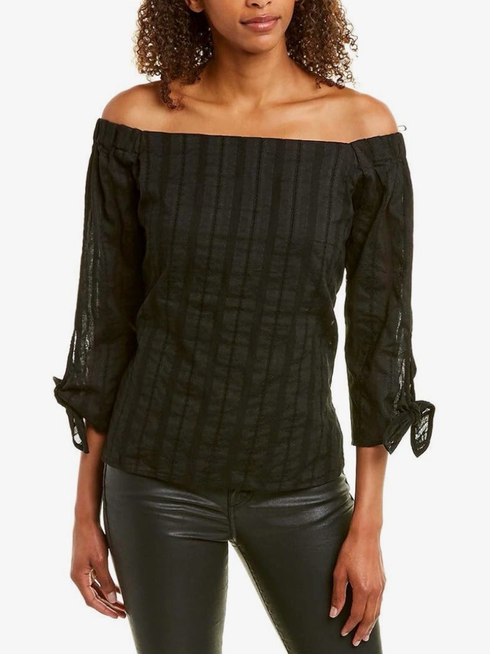 Bailey 44 Black Sheer-Striped Off the Shoulder Top
